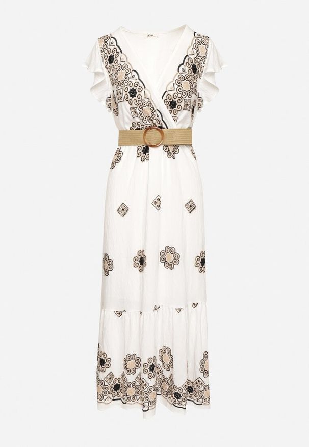 Born2be - Biało-Czarna Wiskozowa Sukienka z Paskiem w Ornamentny Wzór Nilorine. Okazja: na spacer, na co dzień. Kolor: czarny. Materiał: wiskoza. Typ sukienki: kopertowe. Styl: klasyczny, casual, elegancki