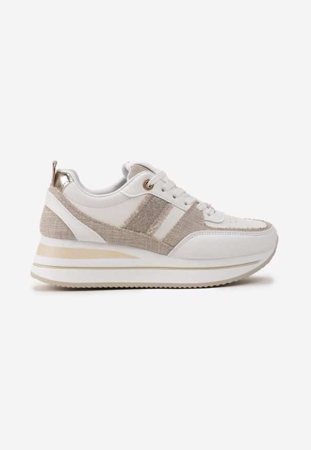 Renee - Beżowe Sneakersy z Ekoskóry z Ozdobnymi Wstawkami i Grubą Podeszwą Amifa. Zapięcie: pasek. Kolor: beżowy
