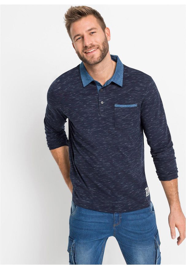 bonprix - Koszulka polo z kołnierzykiem z tkaniny, długi rękaw. Typ kołnierza: polo. Kolor: niebieski. Materiał: tkanina. Długość rękawa: długi rękaw. Długość: długie
