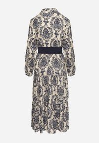 Born2be - Granatowo-Beżowa Wiskozowa Kopertowa Sukienka w Stylu Boho z Materiałowym Paskiem z Klamrą Rinovia. Okazja: na co dzień. Kolor: niebieski. Materiał: wiskoza, materiał. Wzór: aplikacja. Typ sukienki: kopertowe. Styl: boho #3