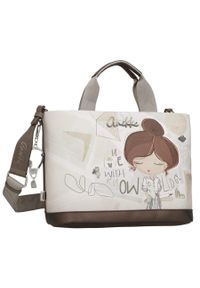 Torebka damska Anekke, z dekoracyjnym nadrukiem i metalowym logo z podwójną rączką oraz regulowanym paskiem zapinana na zamek, brązowa, 42801-222. Kolor: brązowy. Wzór: nadruk. Styl: casual, elegancki. Rodzaj torebki: na ramię #2