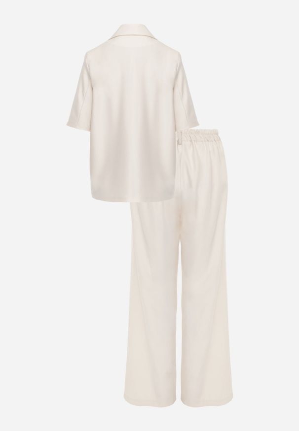 Renee - Beżowy Komplet Garniturowy Marynarka z Krótkim Rękawem i Spodnie Wide Leg Coramara. Kolor: beżowy. Wzór: aplikacja