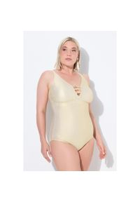 ULLA POPKEN - Damski Strój kąpielowy wzór w fale miękkie miseczki regulowane ramiączka. Kolekcja: plus size. Kolor: beżowy. Materiał: elastan, poliamid, materiał