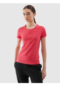 4f - T-shirt slim z nadrukiem damski - czerwony. Okazja: na co dzień. Kolor: czerwony. Materiał: bawełna, elastan, materiał, jersey, dzianina. Długość rękawa: krótki rękaw. Długość: krótkie. Wzór: nadruk. Styl: casual, sportowy #1