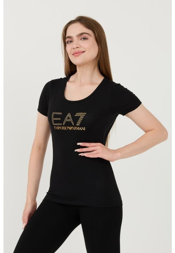 EA7 Emporio Armani - EA7 Czarny t-shirt z cyrkoniami. Kolor: czarny