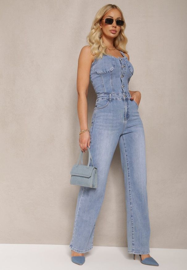 Renee - Niebieski Bawełniany Kombinezon Jeansowy z Prostymi Nogawkami na Ramiączkach Naslwen. Kolor: niebieski. Materiał: bawełna, jeans. Długość rękawa: na ramiączkach