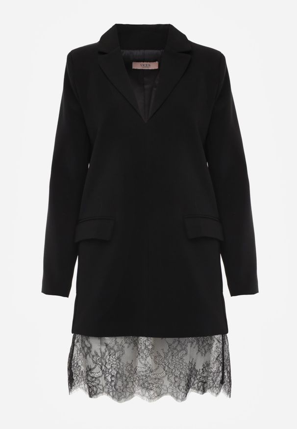 Born2be - Czarna Pudełkowa Sukienka VICES o Kroju Marynarki z Koronką Nyshis. Okazja: na co dzień, na spotkanie biznesowe. Kolor: czarny. Materiał: koronka. Wzór: koronka. Styl: casual, biznesowy, elegancki, klasyczny