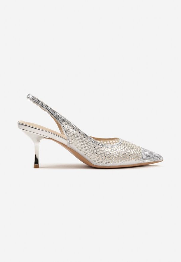 Renee - Srebrne Sandały na Szpilce Slingback z Siateczkową Cholewką i Cyrkoniami Iffana. Okazja: na imprezę. Kolor: srebrny. Obcas: na szpilce