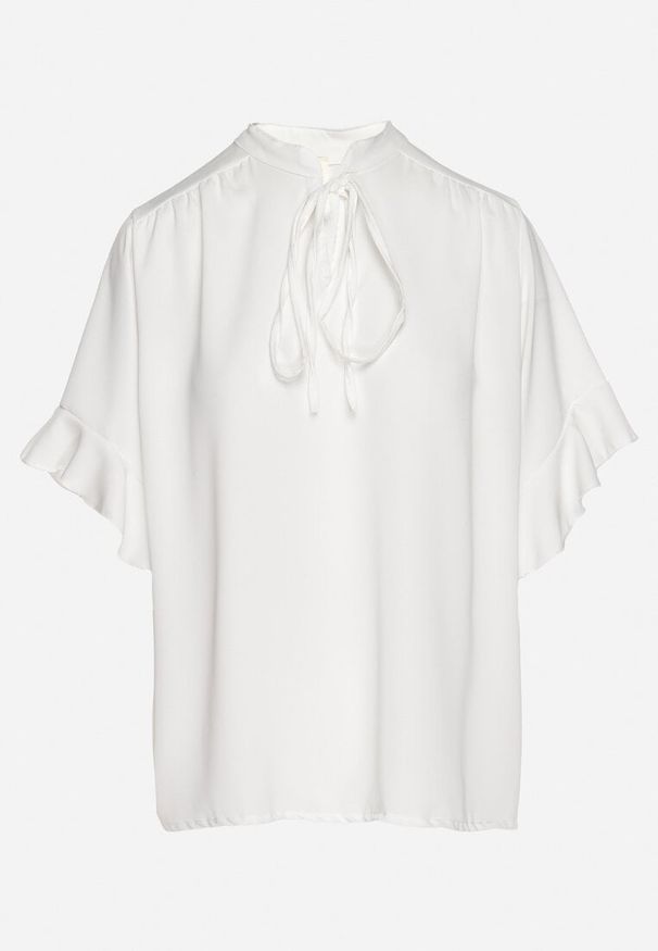 Born2be - Biała Bluzka Ozdobiona Wiązaniem i Falbanami Fademina. Okazja: na co dzień. Kolor: biały. Materiał: jeans. Wzór: aplikacja. Styl: casual, klasyczny