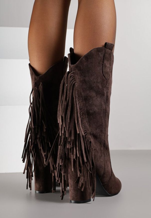 Born2be - Brązowe Botki w Stylu Kowbojek na Obcasie z Frędzlami Reinasea. Okazja: na co dzień. Kolor: brązowy. Materiał: jeans. Obcas: na obcasie. Styl: klasyczny, casual, elegancki. Wysokość obcasa: średni