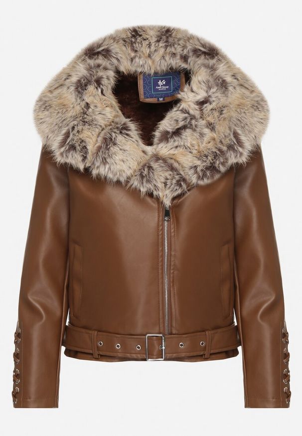 Born2be - Brązowa Kurtka Ramoneska z Odpinanym Kapturem i Futrem Aplonna. Kolor: brązowy. Materiał: futro. Sezon: zima, jesień. Styl: klasyczny