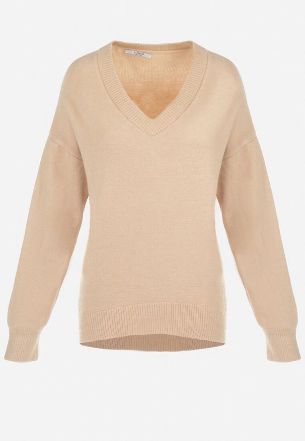 Born2be - Jasnobeżowy Sweter z Wiskozy Oversize Yorate. Okazja: na co dzień. Typ kołnierza: dekolt w serek. Kolor: beżowy. Materiał: wiskoza. Długość rękawa: długi rękaw. Długość: długie. Styl: elegancki, wizytowy, casual