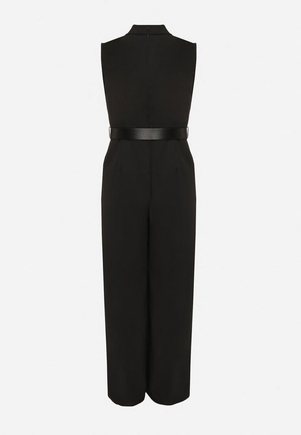 Born2be - Czarny Taliowany Kombinezon Ozdobiony Paskiem z Klamrą Tilferia. Kolor: czarny. Wzór: aplikacja. Styl: klasyczny, elegancki