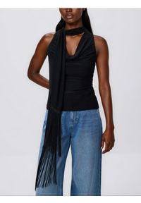 Reserved - Bluzka z szalem - czarny. Kolor: czarny. Materiał: tkanina. Wzór: gładki #1