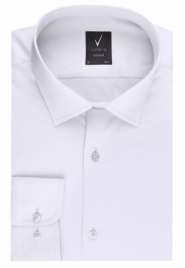 Męska Koszula Wizytowa, Taliowany Krój - Victorio - Biała. Kolor: biały. Materiał: bawełna, elastan. Styl: wizytowy