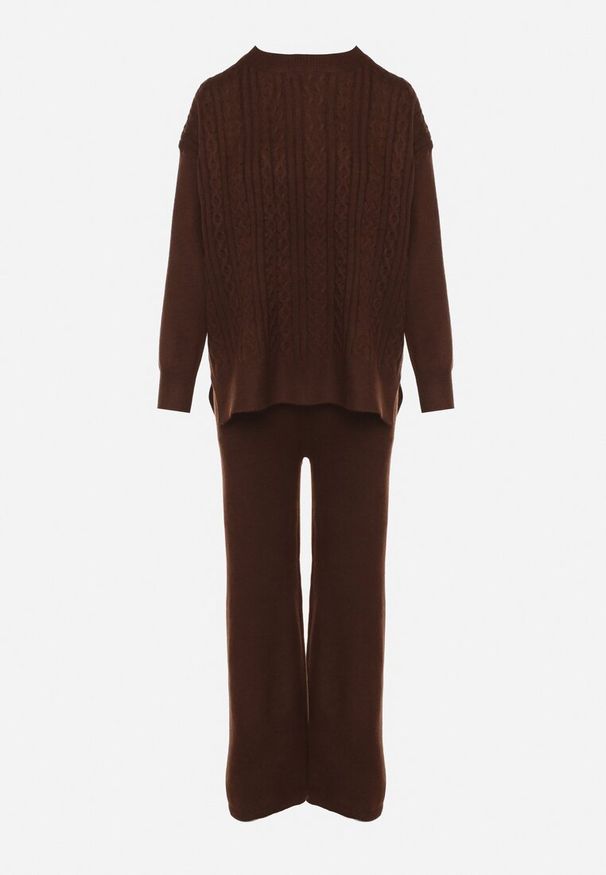 Born2be - Brązowy Komplet Dzianinowy z Bawełną i Wełną Spodnie i Warkoczowy Sweter Errela. Kolor: brązowy. Materiał: dzianina, wełna, bawełna