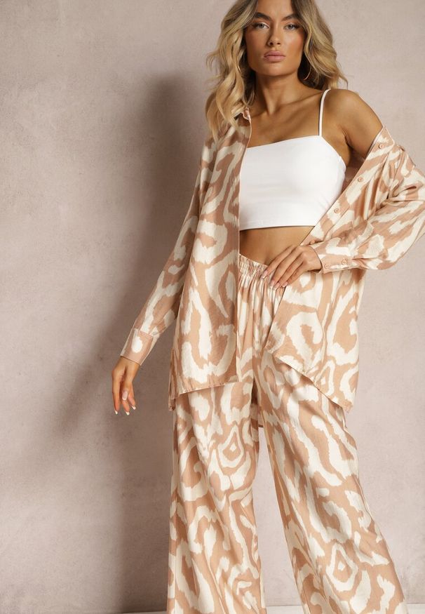 Renee - Beżowy Wiskozowy Komplet 2-Częściowy Luźna Koszula Spodnie z Gumką i Szerokimi Nogawkami Melvima. Kolor: beżowy. Materiał: wiskoza