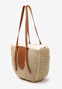 Born2be - Jasnobeżowa Plażowa Torebka Typu Shopper z Ozdobnej Plecionki z Dwoma Regulowanymi Paskami Karsaia. Kolor: beżowy. Wzór: paski