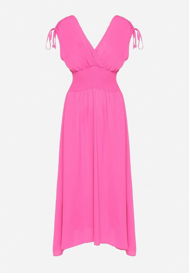 Born2be - Różowa Sukienka z Kopertowym Dekoltem na Cienkich Ramiączkach Rozkloszowana Lantia. Okazja: na ślub cywilny, na co dzień, na wesele. Typ kołnierza: dekolt kopertowy. Kolor: różowy. Materiał: jeans. Długość rękawa: na ramiączkach. Typ sukienki: kopertowe. Styl: casual, sportowy