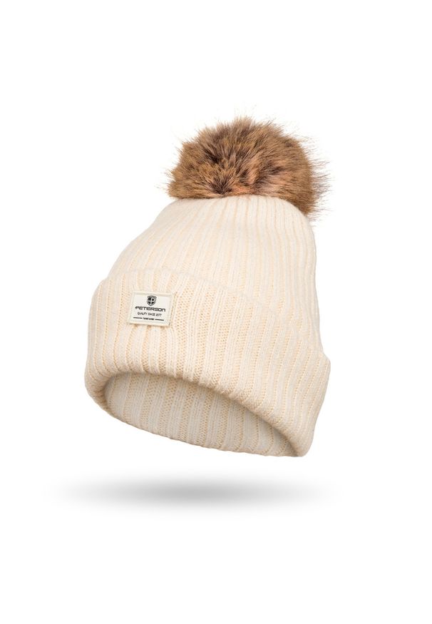 Czapka beżowa Peterson PTN HAT-08. Kolor: beżowy. Materiał: dzianina. Wzór: aplikacja. Sezon: zima