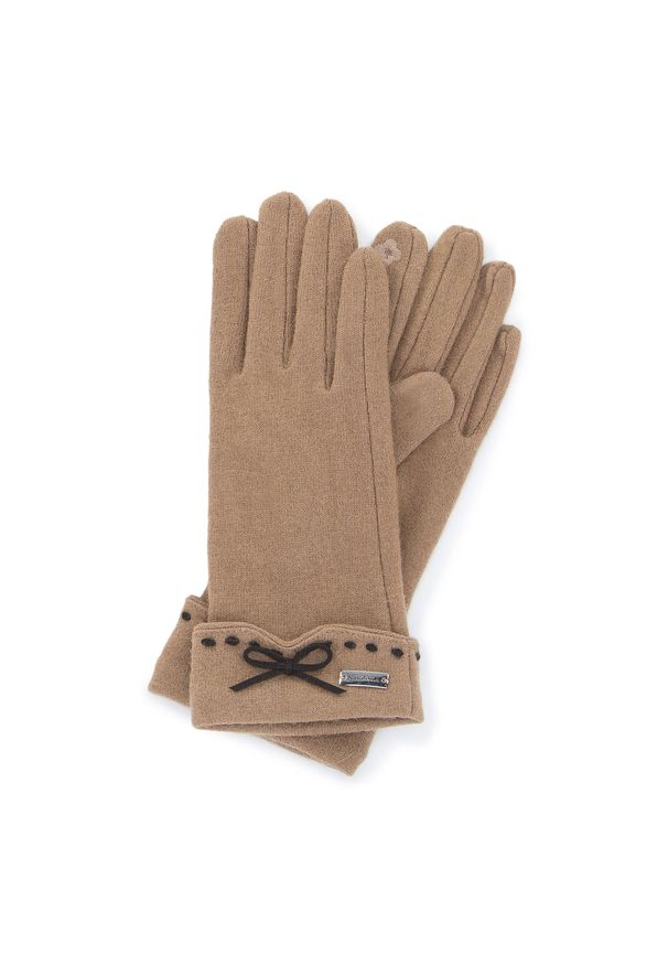 Wittchen - Damskie rękawiczki z przeszyciami i kokardką. Kolor: brązowy. Materiał: wełna. Wzór: aplikacja, haft. Styl: klasyczny