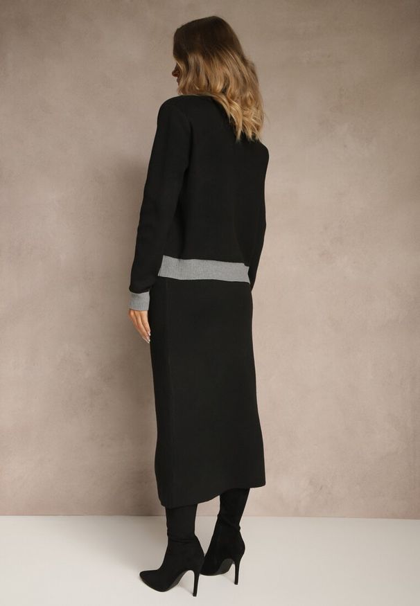 Renee - Szary Sweterkowy Komplet z Dzianiny z Bawełną Kardigan i Spódnica Derrive. Kolor: szary. Materiał: dzianina, bawełna. Wzór: aplikacja