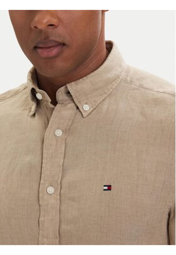 TOMMY HILFIGER - Tommy Hilfiger Koszula MW0MW41530 Beżowy ciemny Regular Fit. Kolor: beżowy. Materiał: len