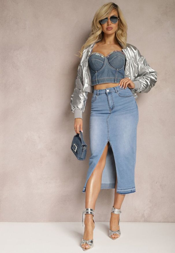 Renee - Niebieska Jeansowa Spódnica Midi High Waist z Rozcięciem Lushio. Stan: podwyższony. Kolor: niebieski. Materiał: jeans. Styl: klasyczny