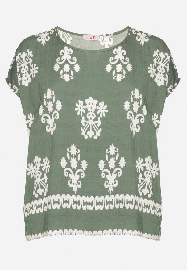 Born2be - Zielona Bluzka z Wiskozy we Wzór w Stylu Boho Lunaseia. Okazja: na co dzień. Kolor: zielony. Materiał: wiskoza. Styl: boho