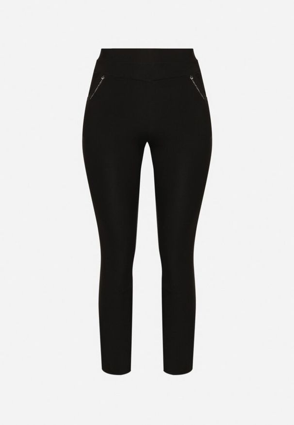 Born2be - Czarne Spodnie z Gumką w Pasie z Cyrkoniami Slim Ellivna. Okazja: na co dzień. Kolekcja: plus size. Kolor: czarny. Styl: klasyczny, elegancki, casual
