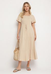 Born2be - Beżowa Sukienka z Wiskozą Lnem i Elastyczną Górą Ellisena. Okazja: na co dzień, na spacer. Kolor: beżowy. Materiał: len, wiskoza. Typ sukienki: proste. Styl: klasyczny, casual, elegancki #7