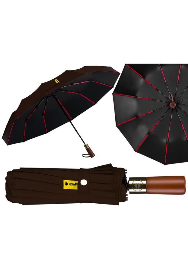 Duży, elegancki i składany parasol w brązowym kolorze - Peterson. Kolor: brązowy