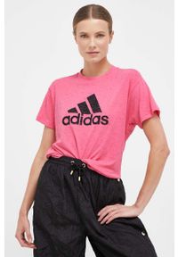 Adidas - adidas t-shirt damski kolor różowy. Kolor: różowy. Materiał: włókno, dzianina, materiał. Styl: klasyczny #3