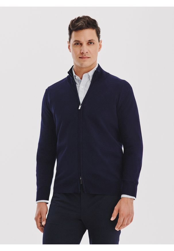 Pako Lorente - PAKO LORENTE - Granatowy rozpinany sweter męski. Okazja: na co dzień. Kolor: szary, beżowy, niebieski. Materiał: poliamid, wiskoza. Wzór: gładki. Sezon: jesień. Styl: casual