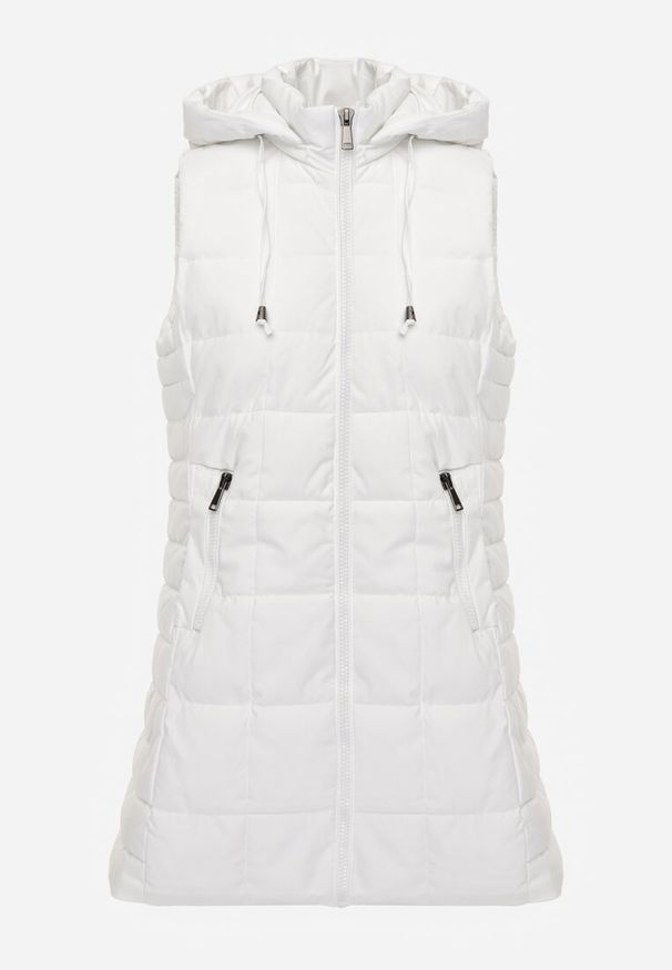 Renee - Biała Kamizelka Ozdobiona Pikowaniem i Odpinanym Kapturem Atoria. Okazja: na co dzień, na spacer. Kolor: biały. Materiał: jeans. Wzór: aplikacja. Styl: casual