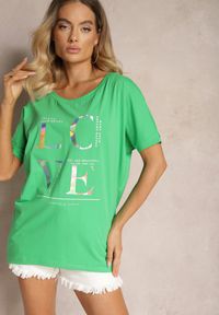 Renee - Zielony Bawełniany T-shirt Ozdobiony Nadrukiem o Metalicznym Połysku Nolinea. Okazja: na co dzień. Kolor: zielony. Materiał: bawełna. Wzór: aplikacja, nadruk. Styl: casual, elegancki
