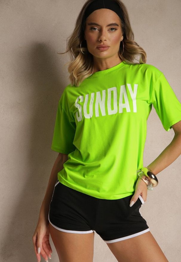 Renee - Zielono-Czarny Komplet T-shirt z Nadrukiem i Szorty w Sportowym Stylu Aravire. Kolor: zielony. Materiał: jeans. Wzór: nadruk