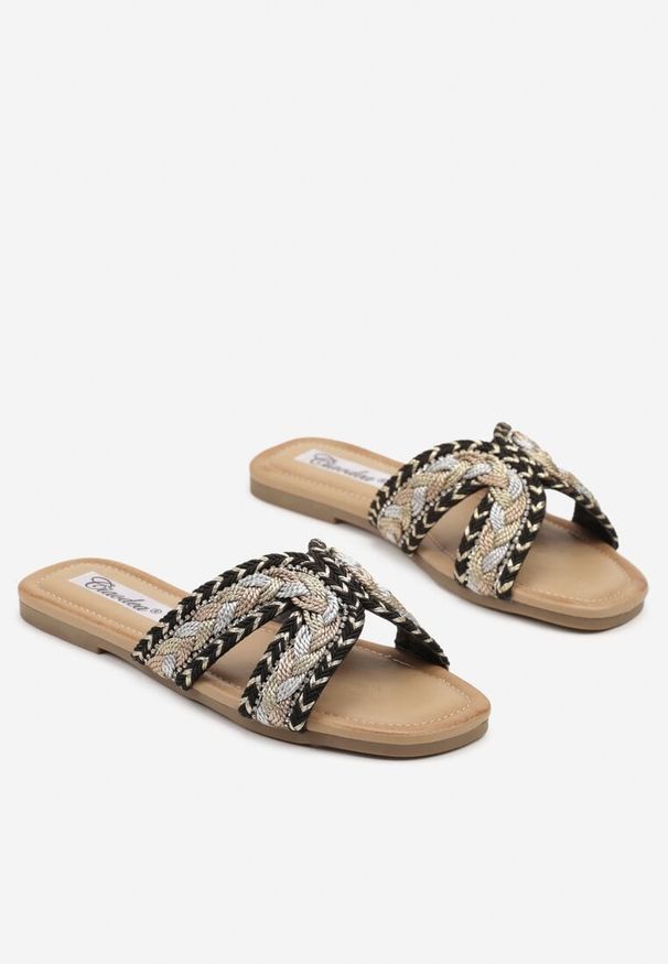 Born2be - Czarne Klapki z Plecionką w Stylu Boho Felmirella. Okazja: na co dzień. Kolor: czarny. Materiał: jeans. Styl: boho