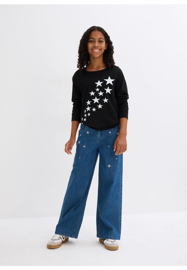 bonprix - Dżinsy z haftem, Wide Leg. Kolor: niebieski. Wzór: haft