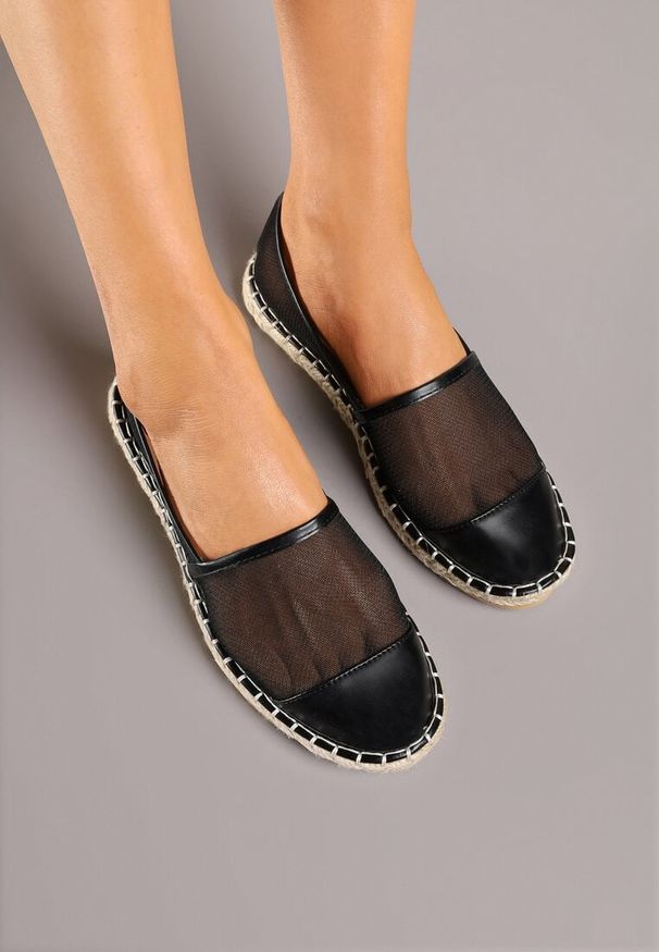 Born2be - Czarne Siateczkowe Espadryle na Podeszwie z Plecionki Follmiriela. Okazja: na spotkanie biznesowe, na co dzień, na spacer, do pracy. Kolor: czarny. Materiał: materiał. Wzór: kwiaty. Sezon: lato. Styl: biznesowy, casual, elegancki, klasyczny