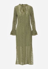 Born2be - Zielona Koronkowa Sukienka o Taliowanym Kroju z Wiązaniem przy Dekolcie Nevellirae. Okazja: na co dzień. Kolor: zielony. Materiał: koronka. Długość rękawa: na ramiączkach. Typ sukienki: proste. Styl: casual, elegancki, klasyczny #3