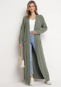 Born2be - Zielony Kardigan o Długości Maxi ze Wzorem w Warkocz i Kieszeniami Demixi. Kolor: zielony. Długość rękawa: długi rękaw. Długość: długie #3