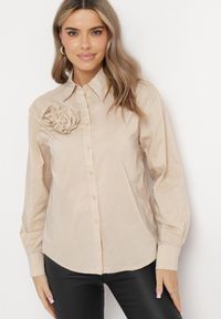 Born2be - Beżowa Koszula w Ozdobne Kwiaty Deraina. Kolor: beżowy. Wzór: kwiaty #4