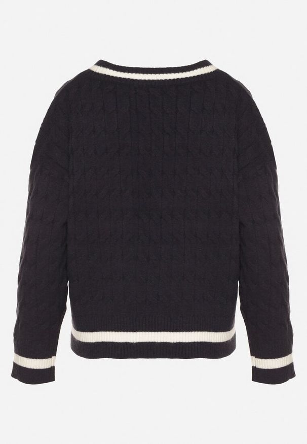 Born2be - Granatowy Sweter Preppy z Domieszką Kaszmiru Zdobiony Strukturalnym Splotem Lorentie. Okazja: na co dzień, do pracy, na spotkanie biznesowe. Typ kołnierza: dekolt w serek. Kolor: niebieski. Materiał: kaszmir. Wzór: aplikacja, ze splotem. Styl: biznesowy, klasyczny, casual, elegancki