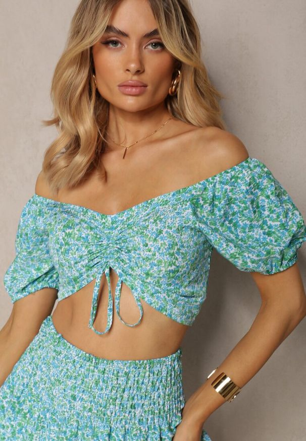 Renee - Niebieski Komplet Bluzka w Stylu Hiszpanki i Spódniczka z Gumką Salsem. Kolor: niebieski