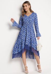 Born2be - Niebieska Asymetryczna Sukienka Midi Rozkloszowana z Siateczką Tivora. Kolor: niebieski. Typ sukienki: asymetryczne. Długość: midi #3