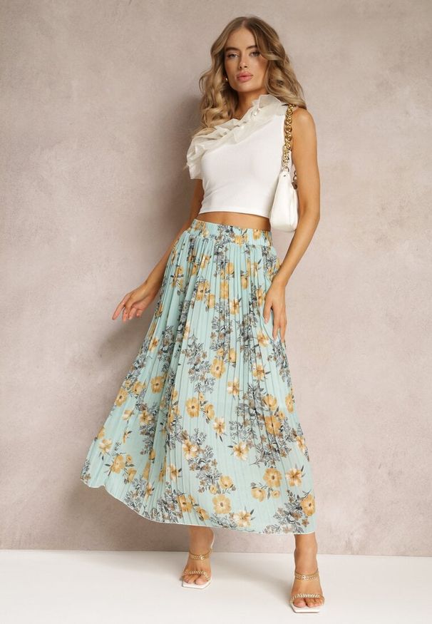 Renee - Miętowa Spódnica Ozdobiona Plisami z Gumką w Pasie i Elastyczną Podszewką Vislo. Kolor: miętowy. Wzór: aplikacja. Sezon: lato. Styl: boho