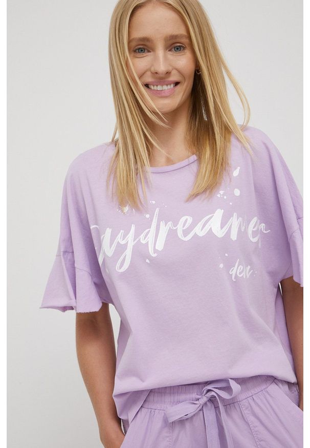 Deha t-shirt bawełniany kolor fioletowy. Kolor: fioletowy. Materiał: bawełna. Wzór: nadruk