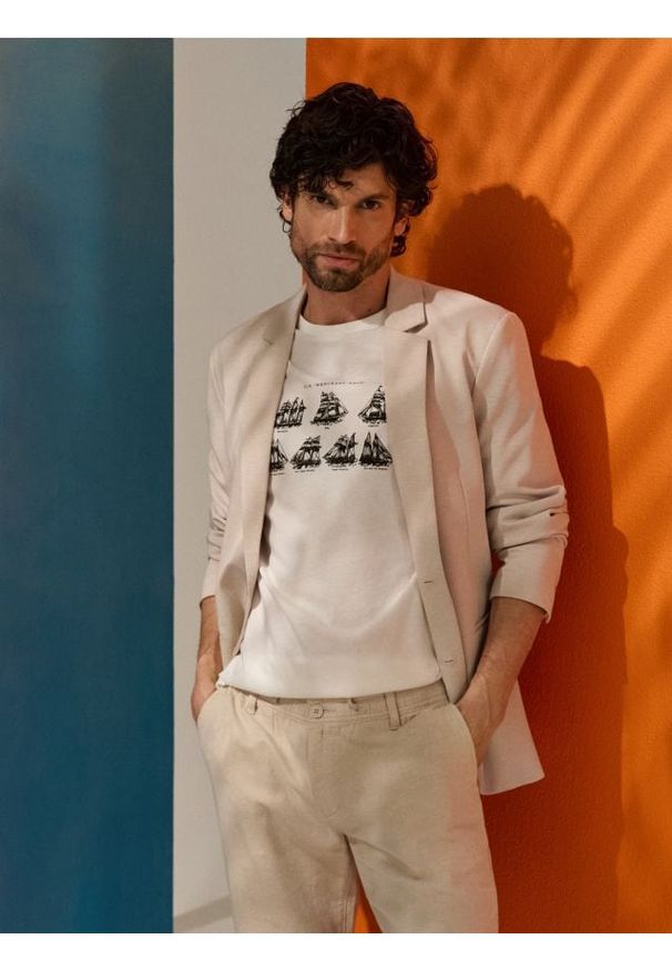 Sinsay - Bawełniana koszulka - kremowy. Kolor: kremowy. Materiał: bawełna