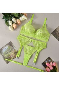 Intica - Komplet koronkowej bielizny z fiszbinami na specjalne okazje Karima. Kolor: zielony. Materiał: koronka. Wzór: koronka #1